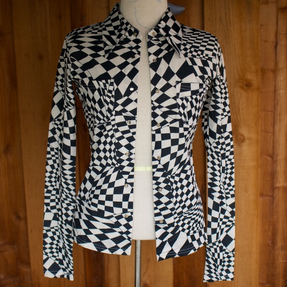 Vintage BEBE DISCO Black & White Checkered Long Sleeve Button Down Blouse - Picture 1 of 17